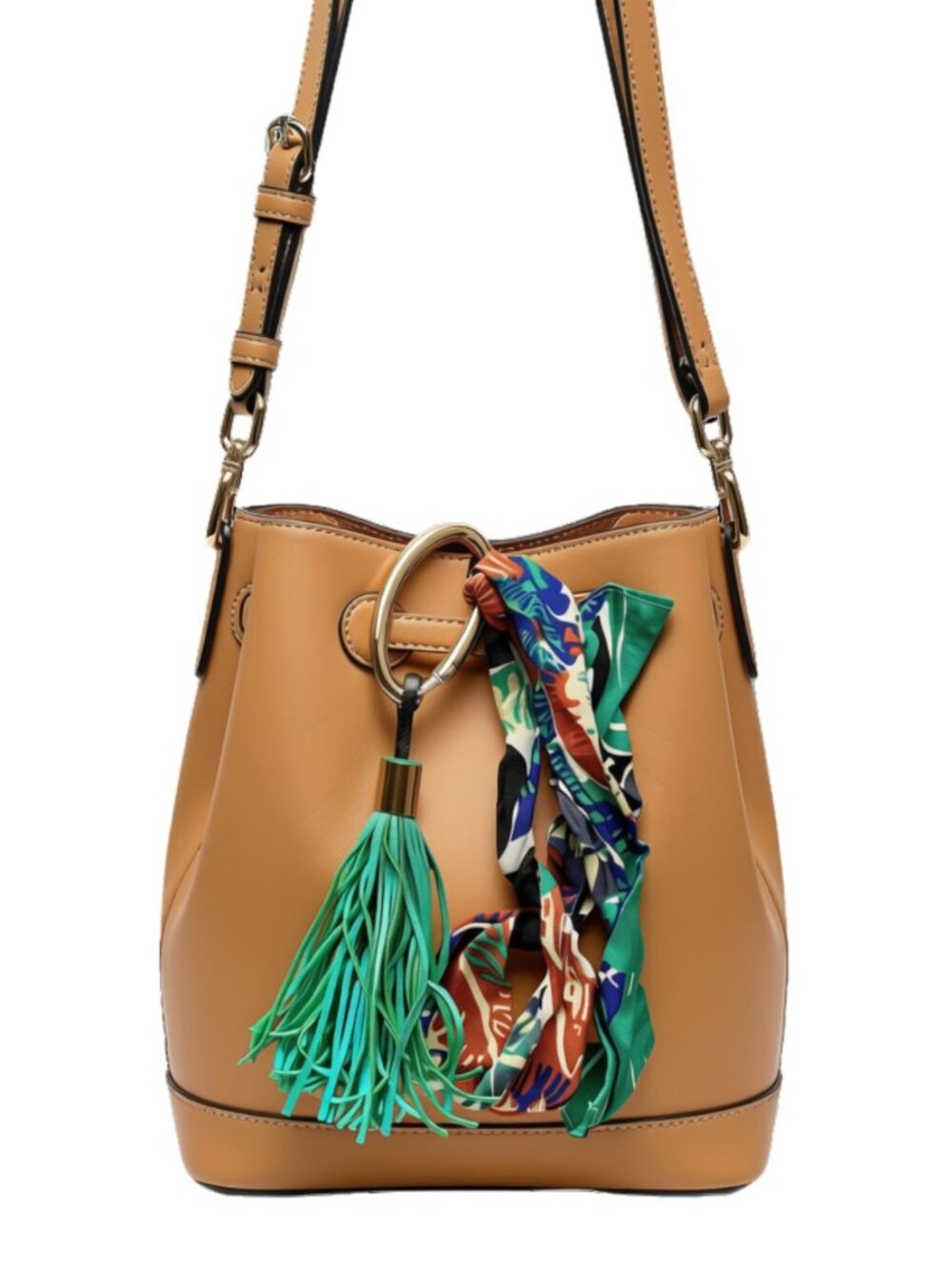Teal Turquoise Faux Leather Tassel Bag Charm & Botanical Print Scarf